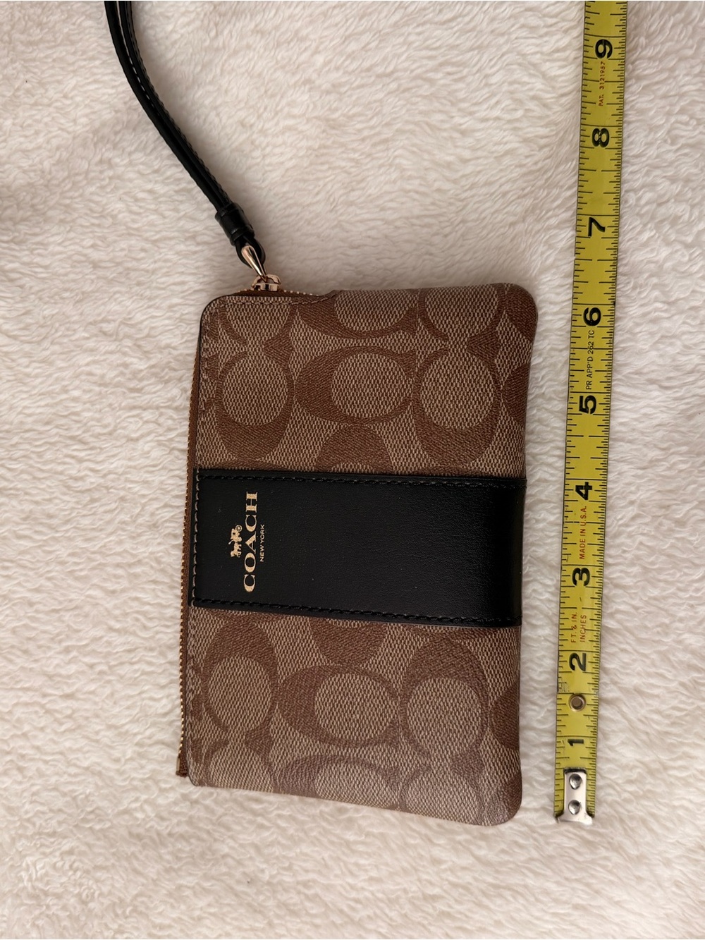 Coach Brown Signature Zip Wristlet with Black Leather Accent